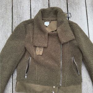 Peyton Jenson dark olive green fleece faux suede moto jacket size  S